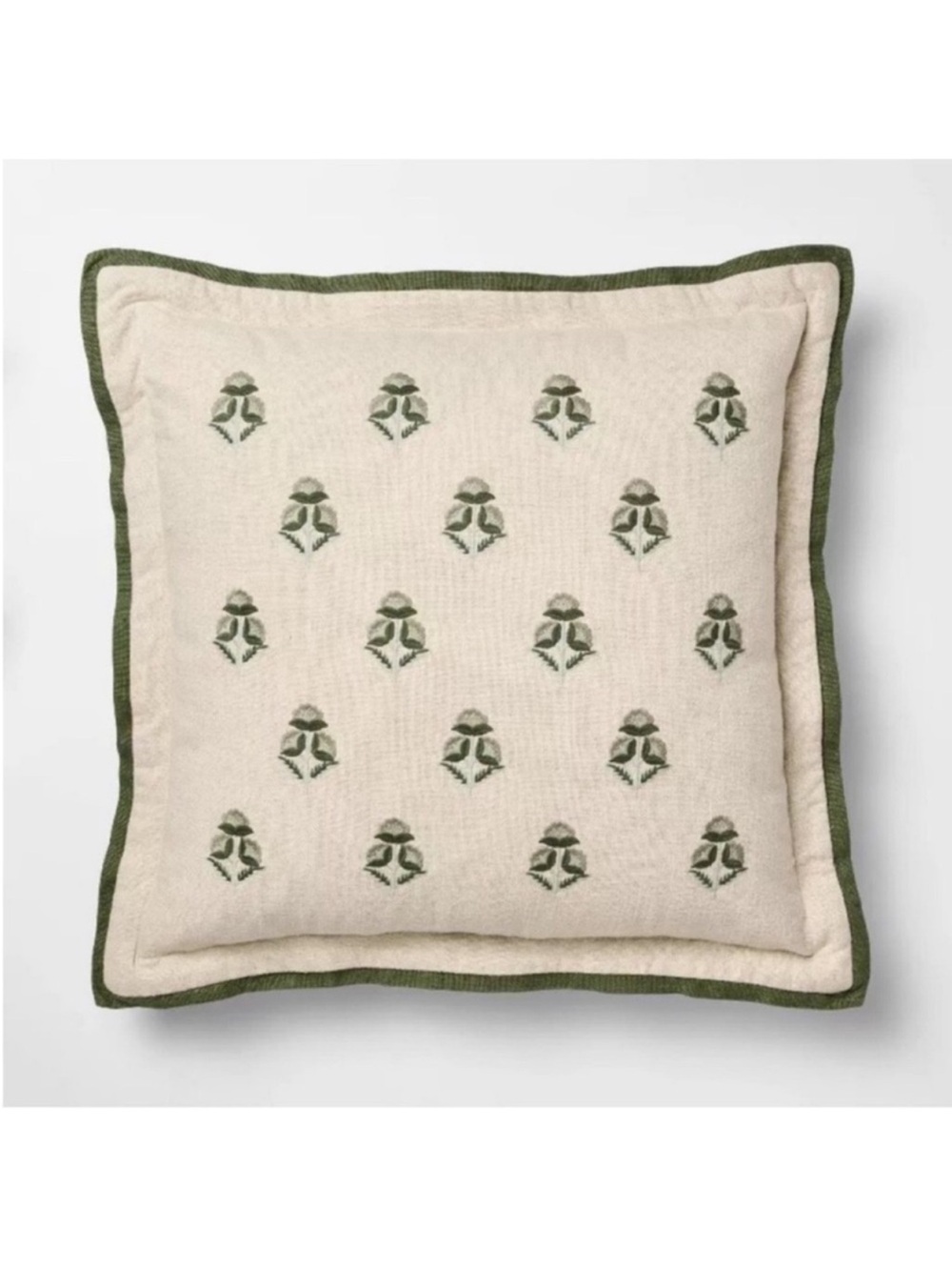 Square Embroidered Floral w/Flange Natural/Green Pillow - Threshold Studio McGee